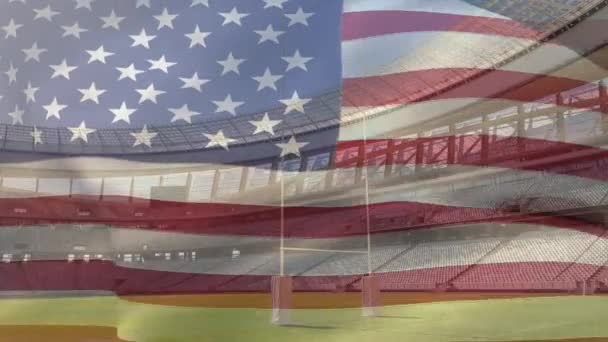 Κινούμενα Σχέδια Μιας Φυσούμενης Αμερικανικής Σημαίας Μπροστά Ένα Αθλητικό Στάδιο — Αρχείο Βίντεο