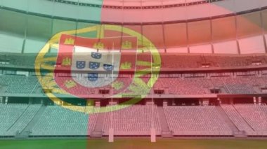 Bir spor stadyumu önünde bir üfleme Portekiz bayrağı animasyon
