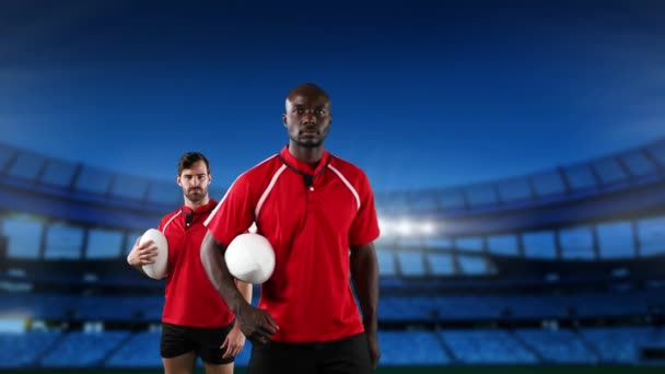 Animation African American Caucasian Male Rugby Players Holding Rugby Balls — Stock Video