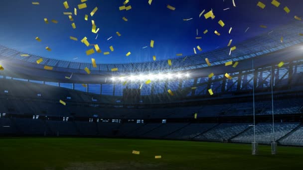 Animation Golden Confetti Falling Front Sports Stadium — Stock Video