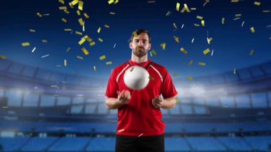 Bir top tutan ve altın konfeti düşen ve arka planda ışıklandırılmış stadyum ile kameraya bakan bir Kafkas erkek rugby oyuncusu animasyon