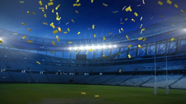 Animación Confeti Dorado Cayendo Frente Estadio Deportivo — Vídeos de Stock