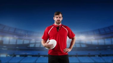 Bir top tutan ve arka planda ışıklandırılmış stadyum ile kameraya bakan bir Kafkas erkek rugby oyuncusu animasyon