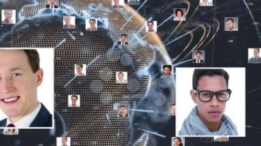 Karanlık bir arka plandaki insanların dönen küresel fotoğraf ağının animasyonu