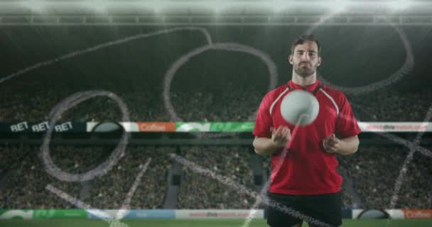 Animation Caucasian Male Rugby Player Standing Playing Ball Looking Camera — Stock Video