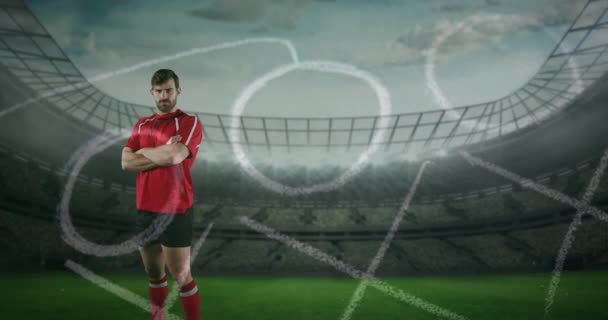 Animacja Kaukaski Mężczyzna Gracz Rugby Stojący Skrzyżowanymi Ramionami Patrząc Aparatu — Wideo stockowe