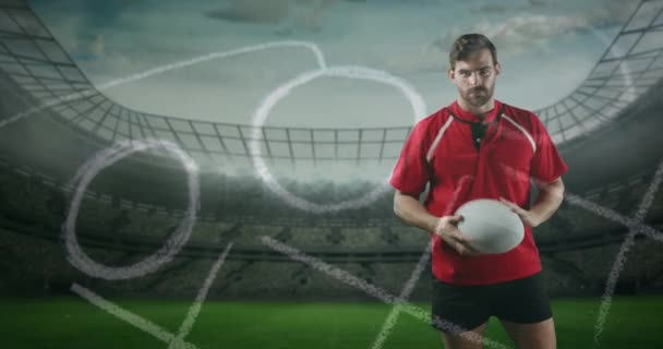 Animation Caucasian Male Rugby Player Standing Playing Ball Looking Camera — Stock Video