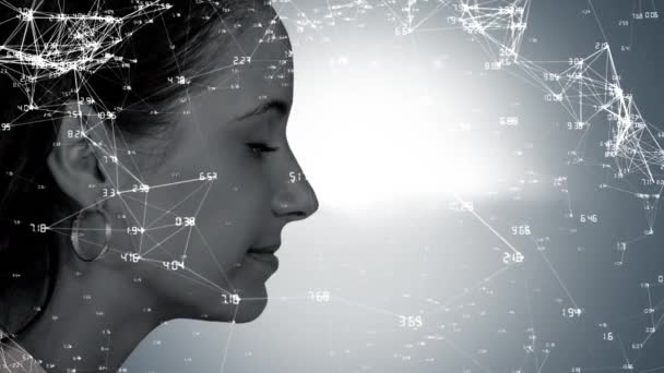 一个灰色背景下闭着眼的年轻白人妇女面部侧面的网络动画和数据连接 — 图库视频影像