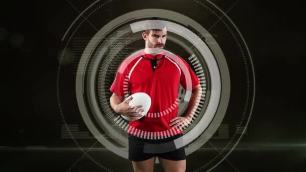 Animation Joueur Rugby Masculin Caucasien Tenant Une Balle Regardant Vers — Video