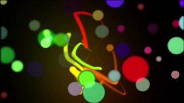 Siyah bir arka plan üzerinde yavaş çekimde hareket eden renkli yüzen ışık izleri kümesinin önünden geçen deodaklanmış parıldayan ışığın renkli noktalarının animasyonu