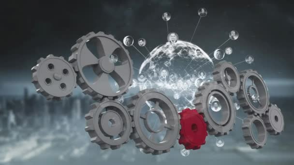 Animation Red Cog Joining Cogs Rotating While Globe Spinning Data — Stock Video