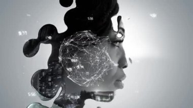 Veri ve bağlantı ağıyla dönen bir dünyanın animasyonu. Sıvı bir arkaplanda beliren genç bir Afrikalı Amerikalı kadının yüzünün yan görüntüsü.
