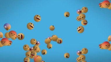 Mavi arka plan üzerinde uçan ve daha sonra kaybolan emoji simgelerinin animasyonu