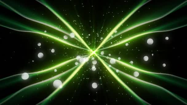 发光的绿色光波从中央源发出的动画 在黑色背景上浮动半透明白色光点 — 图库视频影像