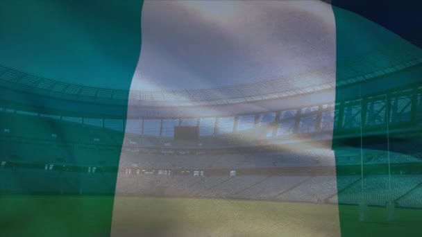 Animazione Una Bandiera Nigeriana Che Soffia Davanti Uno Stadio Sportivo — Video Stock