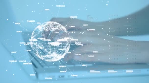 Анімація Глобусу Даних Єднання Мережі Обертається Час Молода Жінка Використовує — стокове відео