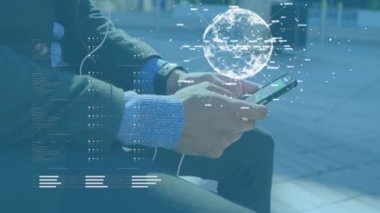 Genç bir adam arka planda akıllı telefon kullanırken dünya, veri ve bağlantı ağı iplik animasyonu