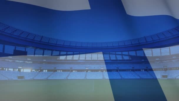 スポーツスタジアムの前で吹くフィンランド国旗のアニメーション — ストック動画