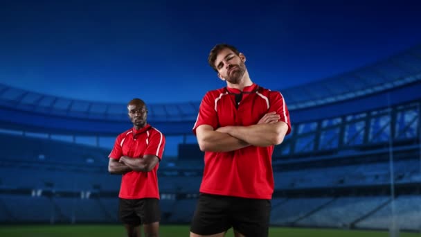 Animation Caucasian African American Male Rugby Players Arms Crossed Looking — Stock Video