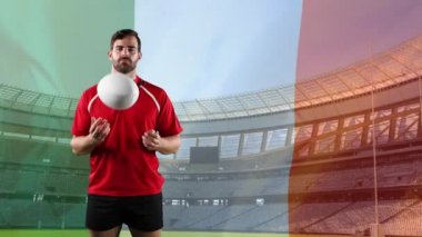 Bir top ile oynayan ve arka planda İtalyan bayrağı ve stadyum üfleme ile kameraya bakarak bir Kafkas erkek rugby oyuncusu animasyon