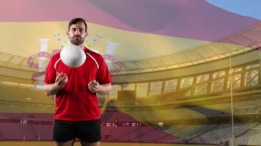 Bir top ile oynayan ve arka planda İspanyol bayrağı ve stadyum üfleme ile kameraya bakarak bir Kafkas erkek rugby oyuncusu animasyon