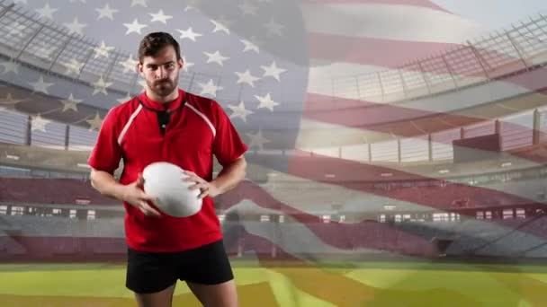 Animation Joueur Rugby Masculin Caucasien Pointant Avec Une Balle Regardant — Video