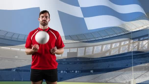 Animation Joueur Rugby Masculin Caucasien Tenant Une Balle Regardant Vers — Video