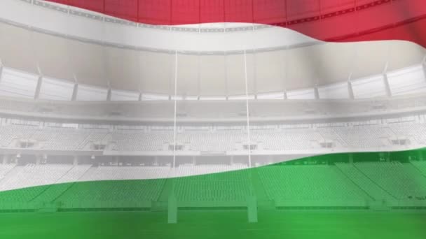Анимация Раздувающего Венгерского Флага Перед Спортивным Стадионом — стоковое видео