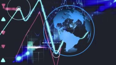 Koyu mavi arka plan üzerinde veri işleme ile dönen küreanimasyon