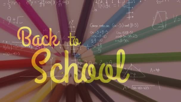 Анимация Слов Назад Школу Желтом Цвете Математическими Формулами Вращающимися Красочными — стоковое видео