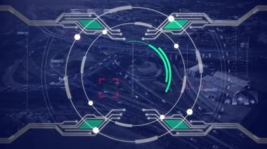 Arka planda cityscape ile dönen yeşil çizgiler ise beyaz ağ bağlantı bağlantıları ile dönen dairelerin animasyon