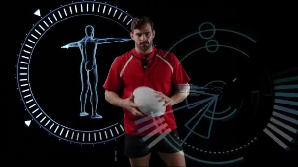 一个白人男性橄榄球运动员玩球的动画 并期待相机与人类模型旋转在一个圆圈和数据出现在黑色背景 — 图库视频影像