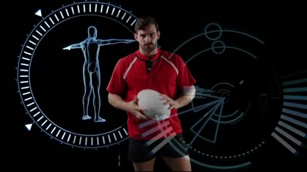 Animatie Van Een Blanke Mannelijke Rugbyspeler Spelen Met Een Bal — Stockvideo