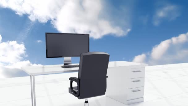 Animation Eines Schreibtisches Computers Und Stuhls Mit Vorbeiziehenden Wolken Blauen — Stockvideo