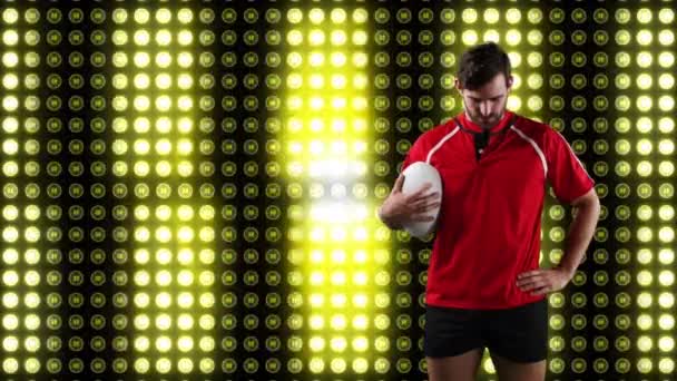 Animation Caucasian Male Rugby Player Holding Ball Looking Camera Digital — Stock Video