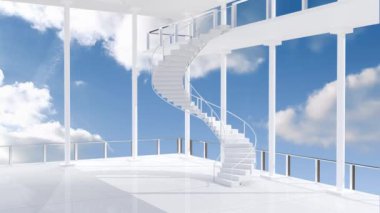 Spiral merdiven ile modern iç mekandışında mavi gökyüzü ve bulutların animasyonu