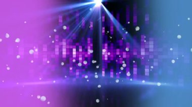 Siyah arka plan üzerinde yüzen beyaz ışık lekeleri ve hareketli beyaz ışık demetleri ile parıldayan mor ışıklar bir banka animasyon