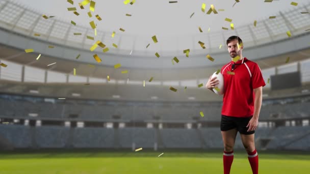 Animação Jogador Rugby Masculino Caucasiano Segurando Uma Bola Olhando Para — Vídeo de Stock