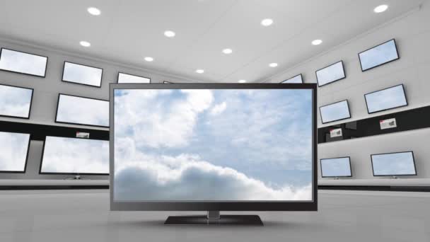 青空と雲のアニメーションを背景に店舗のテレビ画面のバンクとテレビ画面に表示 — ストック動画