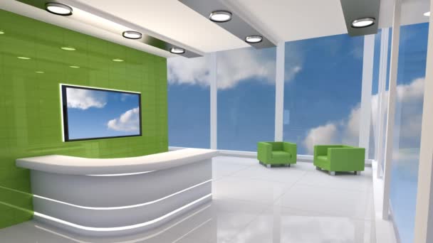 Animation Blue Sky Clouds Television Screen Windows Modern Foyer — Stock Video