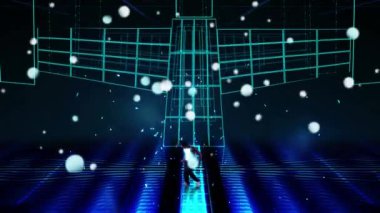 Beyaz ışık daireleri ve yıldızlı siyah bir arka plan üzerinde arkasında parlayan yeşil ızgara ile hareketli bir eq metre üzerinde dans bir Afrikalı Amerikalı adam Animasyon