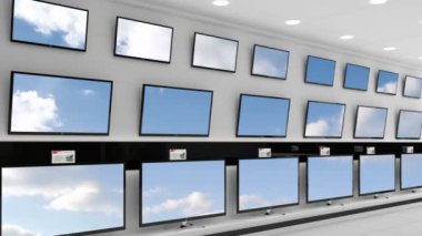 Bir mağazada birden fazla televizyon ekranında görüntülenen mavi gökyüzü ve bulutların animasyonu