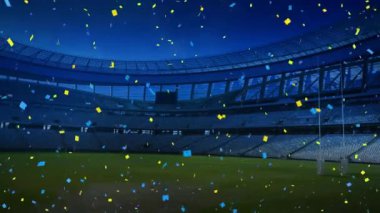 Gece mavi ve sarı konfeti düşen bir spor stadyumu animasyon