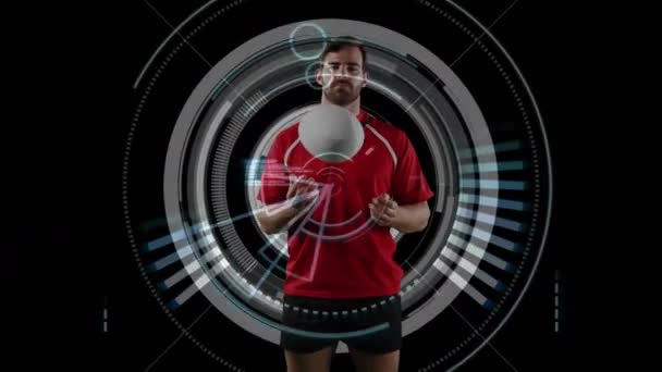 Animación Jugador Rugby Masculino Caucásico Jugando Con Una Pelota Mirando — Vídeo de stock