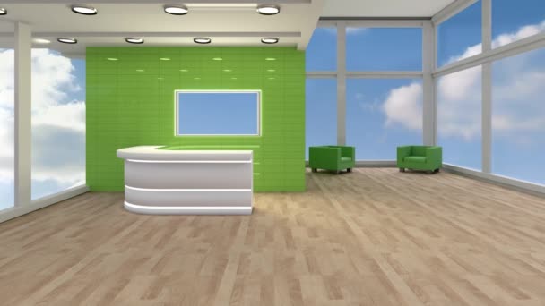 Animation Blue Sky Clouds Television Screen Windows Modern Foyer — Stock Video