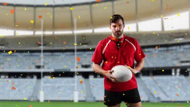 Animation Joueur Rugby Masculin Caucasien Jouant Avec Une Balle Regardant — Video