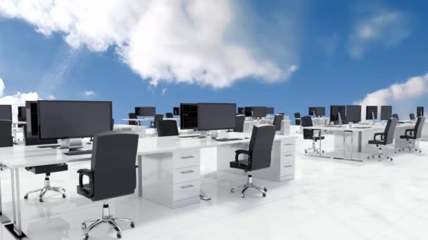 Animace Kancelářských Stolů Počítačů Židlí Otevřeném Kancelářském Prostoru Mraky Kolem — Stock video