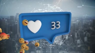 Bir kalp simgesi ile mavi konuşma balonu üzerinde uçan emoji simgeleri animasyon ve arka planda ağ bağlantıları ve cityscape ile dönen dünya üzerinde sıfırdan yüz numaralar artan