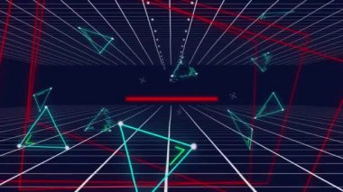 Siyah bir arka plan üzerinde hareket eden beyaz bir ızgara üzerinde yüzen ve deforme parlayan mavi çizgi üçgenleri ve kırmızı çizgileranimasyon