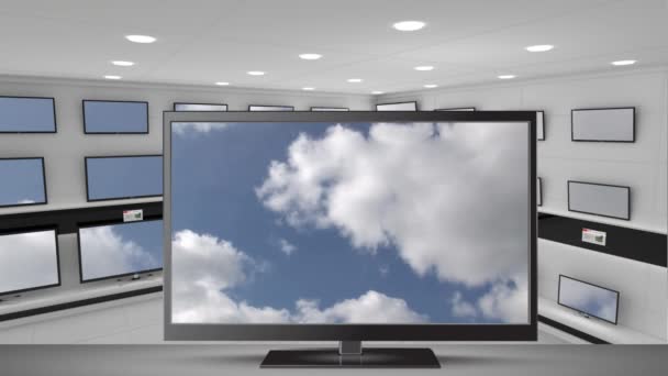 Анімація Блакитного Неба Хмар Відображених Екрані Телевізора Банком Телевізійних Екранів — стокове відео